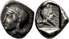 Lykien Dynast Kherei Stater 430/410 v. Chr., Xanthos. Kopf der Athena mit attischem Helm / Kopf des Dynasten mit persischer Kyrbasia in Quadratum incusum, im Feld Namenszug. Müseler VI, 33 var. (Legen