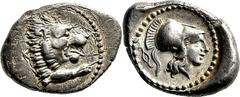 Lykien Dynast Vekhssere II. Stater 395/380 v. Chr., unbestimmte Mzst. (Xanthos?). Löwenprotome / Kopf der Athena mit korinthischem Helm in rundem Incusum. Müseler VII, 47 8.34 g.; Vorzüglich
