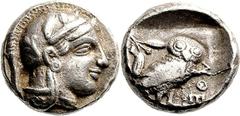 Attika Athen Drachme 470/465 v. Chr. Kopf der Athena / Eule. Starr Gruppe IV 4.06 g.; Feine Tönung Selten Sehr schön Stempelriss im Revers