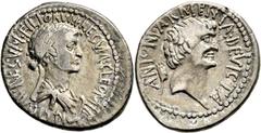 Imperatorische Prägungen M. Antonius und Kleopatra VII. Thea Denar 33/32 v. Chr., unbest. Münzstätte an der syrophönizischen Küste. CLEOPATRAE REGINAE REGVM FILIORVM REGVM, Büste der Kleopatra, darunt
