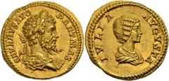 Kaiserliche Prägungen Septimius Severus und Julia Domna. Aureus 200/201, Rom. SEVERVS AVG PART MAX, Büste des Kaisers mit Aegis / IVLIA AVGVSTA, Büste der Kaiserin. RIC 161b C. 1 Calicó 2587a 7.35 g.;