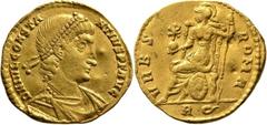 Kaiserliche Prägungen Nepotianus, 350 Solidus im Namen des Constantius II. Juni 350, Rom. DN IVL CONSTANTIVS PF AVG, Büste im Kürass mit Paludament und Perldiadem nach rechts / VRBS ROMA, RQ, Roma mit