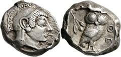 Attika Athen Tetradrachme 490/482 v. Chr. Kopf der Athena / Eule. Svoronos, Tf. 5, 35 Seltman, Athens, 391 (Gruppe M) 17.39 g.; Hohes Relief und bestens zentriert Sehr selten in dieser Qualität Vorzüg
