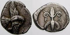 GRIECHISCHE MÜNZEN (GREEK COINS) -Elis -Olympia 404. Stater 452/432 v. Chr. Fliegender Adler mit Hase in den Fängen / Geflügeltes Blitzbündel. Seltman 59 var. (AK/ac); Slg. BCD (=Auktion Leu 90, 2004)