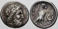 GRIECHISCHE MÜNZEN (GREEK COINS) -Elis -Olympia 407. Stater 332 v. Chr. Kopf des Zeus / Adler zwischen Blitzbündel und Schlange. Seltman 204; Slg. BCD (=Auktion Leu 90, 2004), 161. 11.56 g. Sehr selte