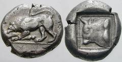 GRIECHISCHE MÜNZEN (GREEK COINS) -Lykien -Lykien 553. Unbestimmter Dynast (Kuprilli?). Stater um 450 v. Chr., Xanthos. Löwe mit Stierkeule im Maul / Stierkopf in Quadratum incusum. Auktion Peus Nachf.