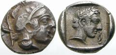 GRIECHISCHE MÜNZEN (GREEK COINS) -Lykien -Lykien 554. Dynast Vekhssere I.. Diobol 440/430 v. Chr., Xanthos. Kopf der Athena / Kopf des Apollon in Quadratum incusum, im Feld Diskeles. Vismara, Vekhsser