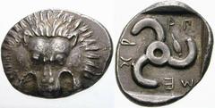 GRIECHISCHE MÜNZEN (GREEK COINS) -Lykien -Lykien 555. Dynast Mithrapata.. Stater 390/370 v. Chr., unbestimmte Münzstätte. Löwenmaske von vorn / Triskeles in flachem Quadratum incusum, im Feld Gerstenk