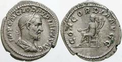 RÖMISCHE MÜNZEN (ROMAN COINS) -Kaiserliche Prägungen -Kaiserliche Prägungen 864. Pupienus, 238.. Denar. Büste / Concordia mit Patera und Doppelfüllhorn auf Thron. RIC 1; C. 6. 2.62 g. Selten Sehr schö