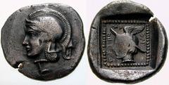 GRIECHISCHE MÜNZEN (GREEK COINS) -Lykien -Lykien 206. Dynast Hntruma. Drachme 410/400 v. Chr., Kadyanda. Kopf der Athena mit attischem Helm / Kopf des Hermes in Quadratum incusum, im Feld Monogramm. 4