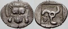 GRIECHISCHE MÜNZEN (GREEK COINS) -Lykien -Lykien 209. Dynast Mithrapata.. Stater 390/370 v. Chr., Patara (?). Löwenmaske von vorn / Triskeles in Quadratum incusum, im Feld Hermesbüste von vorn und Ker
