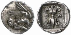 GRIECHISCHE MÜNZEN (GREEK COINS) -Elis -Olympia 233. Hemidrachme 440/430 v. Chr. Adler über Hase / Blitzbündel in Quadratum incusum. Slg. BCD (=Auktion Leu 90, 2004), 43 (dies Exemplar); Jameson Coll.