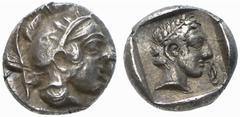 GRIECHISCHE MÜNZEN (GREEK COINS) -Lykien -Lykien 313. Dynast Vekhssere I.. Diobol 440/430 v. Chr., Xanthos. Kopf der Athena / Kopf des Apollon in Quadratum incusum, im Feld Diskeles. Vismara, Vekhsser