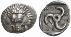 GRIECHISCHE MÜNZEN (GREEK COINS) -Lykien -Lykien 316. Dynast Mithrapata.. Stater 390/370 v. Chr., unbestimmte Münzstätte. Löwenmaske von vorn / Triskeles in flachem Quadratum incusum, im Feld Gerstenk