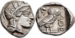 GRIECHISCHE MÜNZEN Attika Athen Tetradrachme 454/405 v. Chr. Kopf der Athena / Eule (Steinkauz), dahinter Olivenzweig und Mondsichel. Svoronos, Tf. 14; HGC 1597; Starr, Tf. 22; SNG Cop. 46 ff.. 17.22 