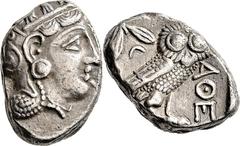 GRIECHISCHE MÜNZEN Attika Athen Tetradrachme 353/294 v. Chr. Kopf der Athena / Eule (Steinkauz), dahinter Olivenzweig und Mondsichel. Svoronos, Tf. 20, 22; SNG Cop. 63; HGC 1599. 17.12 g.; Gutes sehr 