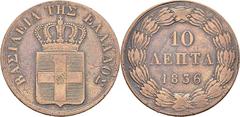 AUSLAND Griechenland Königreich Otto von Bayern, 1832-1862 Cu-10 Lepta 1836, Athen. Divo 18 b; K./M. 17. Sehr schön