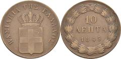 AUSLAND Griechenland Königreich Otto von Bayern, 1832-1862 Cu-10 Lepta 1843, Athen. Divo 18 e; K./M. 17. Sehr schön