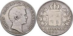 AUSLAND Griechenland Königreich Otto von Bayern, 1832-1862 5 Drachmen 1844, Athen. Dav. 115; Divo 10 d; K./M. 20. Sehr selten Fast sehr schön