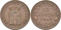 AUSLAND Griechenland Königreich Otto von Bayern, 1832-1862 Cu-10 Lepta 1848, Athen. Divo 20 b; K./M. 29. Vorzüglich