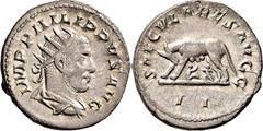 RÖMISCHE MÜNZEN Kaiserliche Prägungen Philippus I. Arabs, 244-249. Antoninian 248, Rom, auf die Tausendjahrfeier der Stadtgründung Roms. Büste / Wölfin mit Romulus und Remus. RIC 15; C. 178. 4.47 g.; 
