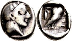 GRIECHISCHE MÜNZEN Attika Athen Drachme 470/465 v. Chr. Kopf der Athena / Eule. Starr Gruppe IV; HGC 1627. 4.08 g.; Feine Tönung Selten Schön Ex Liste MMAG Basel 366, 1975, 143.