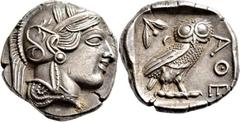 GRIECHISCHE MÜNZEN Attika Athen Tetradrachme 454/404 v. Chr. Kopf der Athena / Eule (Steinkauz), dahinter Olivenzweig und Mondsichel. Svoronos, Tf. 14; HGC 1597; Starr, Tf. 22; SNG Cop. 46 ff.. 17.19 