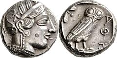 GRIECHISCHE MÜNZEN Attika Athen Tetradrachme 454/404 v. Chr. Kopf der Athena / Eule (Steinkauz), dahinter Olivenzweig und Mondsichel. Svoronos, Tf. 10 ff; HGC 1597; Starr, Tf. 22; SNG Cop. 46 ff.. 17.