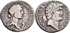 RÖMISCHE MÜNZEN Imperatorische Prägungen M. Antonius und Kleopatra VII. Thea Denar 33/32 v. Chr., unbest. Mzst. an der syrophönizischen Küste. CLEOPATRAE REGINAE REGVM FILIORVM REGVM, Büste der Kleopa