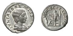 RÖMISCHE MÜNZEN (ROMAN COINS) ->Kaiserliche Prägungen ->Kaiserliche Prägungen 818. Elagabalus für Julia Soaemias.. Denar. Büste / Venus mit Apfel und Zepter auf Thron, davor Kind. RIC 243; C. 14. 3.32