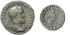 RÖMISCHE MÜNZEN (ROMAN COINS) ->Kaiserliche Prägungen ->Kaiserliche Prägungen 831. Pupienus, 238.. Sesterz. Büste / Concordia mit Patera und Doppelfüllhorn auf Thron. RIC 20; C. 7. 17.35 g. Rotbraune 