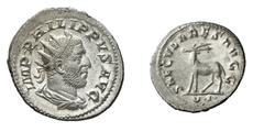 RÖMISCHE MÜNZEN (ROMAN COINS) ->Kaiserliche Prägungen ->Kaiserliche Prägungen 837. Philippus I. Arabs, 244-249.. Antoninian 248, auf die Tausendjahrfeier der Gründung Roms. Büste / Hirsch. RIC 20; C. 