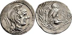 GRIECHISCHE MÜNZEN Attika Athen Tetradrachme "neuen Stils", Magistratsjahr des Epigenes und des Sosandros 188/187 v. Chr. Kopf der Athena / Eule auf Amphora, Beiz. Tropaion (links) und Monogramme. Tho
