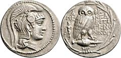 GRIECHISCHE MÜNZEN Attika Athen Tetradrachme "neuen Stils" 135/134 v. Chr., Magistratsjahr des Mened(emos) und Epigen(es), Münzbeamter Nikog(e)ne(s). Kopf der Athena / Eule (Steinkauz) auf Amphora, Be