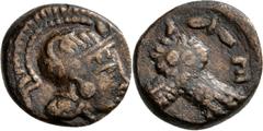 GRIECHISCHE MÜNZEN Attika Athen Kleinbronze (Dichalkon?) 340/317 v. Chr. Kopf der Athena nach rechts / Eule (Steinkauz) mit zwei Körpern frontal stehend im Olivenkranz. Kroll 43; HGC 1736 (dieses Expl