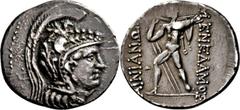 GRIECHISCHE MÜNZEN Thessalien Ainianes Didrachme (Stater) 87/84 v. Chr., Hypata, unter dem Magistraten Menedamos. Kopf der Athena Parthenos nach rechts / Heros Phemios mit Steinschleuder, hinter ihm S