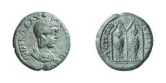 RÖMISCHE MÜNZEN (ROMAN COINS) ->Kaiserliche Prägungen ->Kaiserliche Prägungen 1132. Elagabalus für Annia Faustina.. Kleinbronze, Aspendos in Pamphylien. Büste / 2 Kultstatuen der Aphroditai Kastnietid