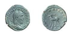 RÖMISCHE MÜNZEN (ROMAN COINS) ->Kaiserliche Prägungen ->Kaiserliche Prägungen 1146. Philippus I. Arabs, 244-249.. Sesterz 248, auf die Tausendjahrfeier der Gründung Roms. Büste / Antilope. RIC 161; C.