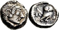 GRIECHISCHE MÜNZEN Attika Athen Tetradrachme 527/510 v. Chr. Kopf der Athena / Eule (Steinkauz) und Olivenzweig in Quadratum incusum. Svoronos, Tf. 4, 15 (vgl.); Seltman, Athens, Gruppe F-G; HGC 1590.