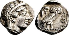 GRIECHISCHE MÜNZEN Attika Athen Tetradrachme 454/405 v. Chr. Kopf der Athena / Eule (Steinkauz), dahinter Olivenzweig und Mondsichel. Svoronos, Tf. 10 ff; HGC 1597; Starr, Tf. 22; SNG Cop. 46 ff.. 17.