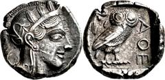 GRIECHISCHE MÜNZEN Attika Athen Tetradrachme 454/404 v. Chr. Kopf der Athena / Eule (Steinkauz), dahinter Olivenzweig und Mondsichel. Svoronos, Tf. 10 ff; HGC 1597; Starr, Tf. 22; SNG Cop. 46 ff.. 17.