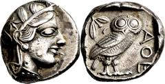 GRIECHISCHE MÜNZEN Attika Athen Tetradrachme 454/404 v. Chr. Kopf der Athena / Steinkauz (Eule) in Dreiviertelansicht, dahinter Olivenzweig und Halbmond. Svoronos, Tf. 12, 12-24; Starr Tf. 22, 5; HGC 