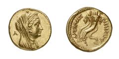 GRIECHISCHE MÜNZEN (GREEK COINS) ->Reich der Ptolemaier ->Reich der Ptolemaier 4414. Ptolemaios IV. Philopator, 221-205 v. Chr., für Arsinoe II.. Goldoktodrachme 211 v. Chr., Alexandria. Verschleierte