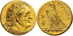 GRIECHISCHE MÜNZEN Reich der Ptolemaier Ptolemaios II. Philadelphos, 285-246 v. Chr. Goldpentadrachme (Trichryson) 275/272 v. Chr., Alexandria. Büste des Ptolemaios I. mit Ägis / Adler auf Blitz, zwis