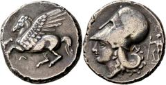 GRIECHISCHE MÜNZEN Akarnanien Insel Leukas Stater nach korinthischem Vorbild ca. 350 v. Chr. Pegasos / Kopf der Athena, Beiz. Ares mit Lanze und Schild. Calciati, Pegasi II, -, vgl. 376 (Korinth); Rav