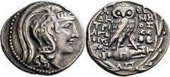 GRIECHISCHE MÜNZEN Attika Athen Tetradrachme "neuen Stils", Magistratsjahr des Demetrios und des Agathippos (= 98/97 v. Chr. nach Boehringer). Kopf der Athena mit Greifenhelm / Eule auf Preisamphore, 