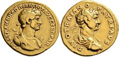 RÖMISCHE MÜNZEN Kaiserliche Prägungen Hadrianus, 117-138. Aureus August-Dezember 117, Rom, auf den Adoptivvater Trajan. IMP CAES TRAIAN HADRIAN OPT AVG GER D PART, Drapierte Büste im Kürass / DIVO TRA