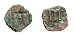 ISLAMIC COINS Arab-Byzantine Coins Arab-Byzantine Coins Umayyads. Imperial Image Coinage Follis no mint (Jund al-Urdunn) and date (2nd half of 7th century). Constans II standing holding a globe and cr