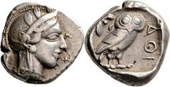 GRIECHISCHE MÜNZEN Attika Athen Tetradrachme 454/450 v. Chr. Kopf der Athena / Eule (Steinkauz), dahinter Olivenzweig und Mondsichel. Svoronos, Tf. 10 ff; HGC 1597; Starr, Tf. 22; SNG Cop. 46 ff.. 17.