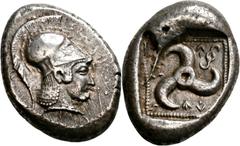 GRIECHISCHE MÜNZEN Lykien Dynast Vekhssere I. Stater 440/430 v. Chr., Xanthos. Kopf der Athena mit attischem Helm nach rechts / Triskeles in Quadratum incusum, im Feld Diskeles. Vismara, Vekhssere (Vi